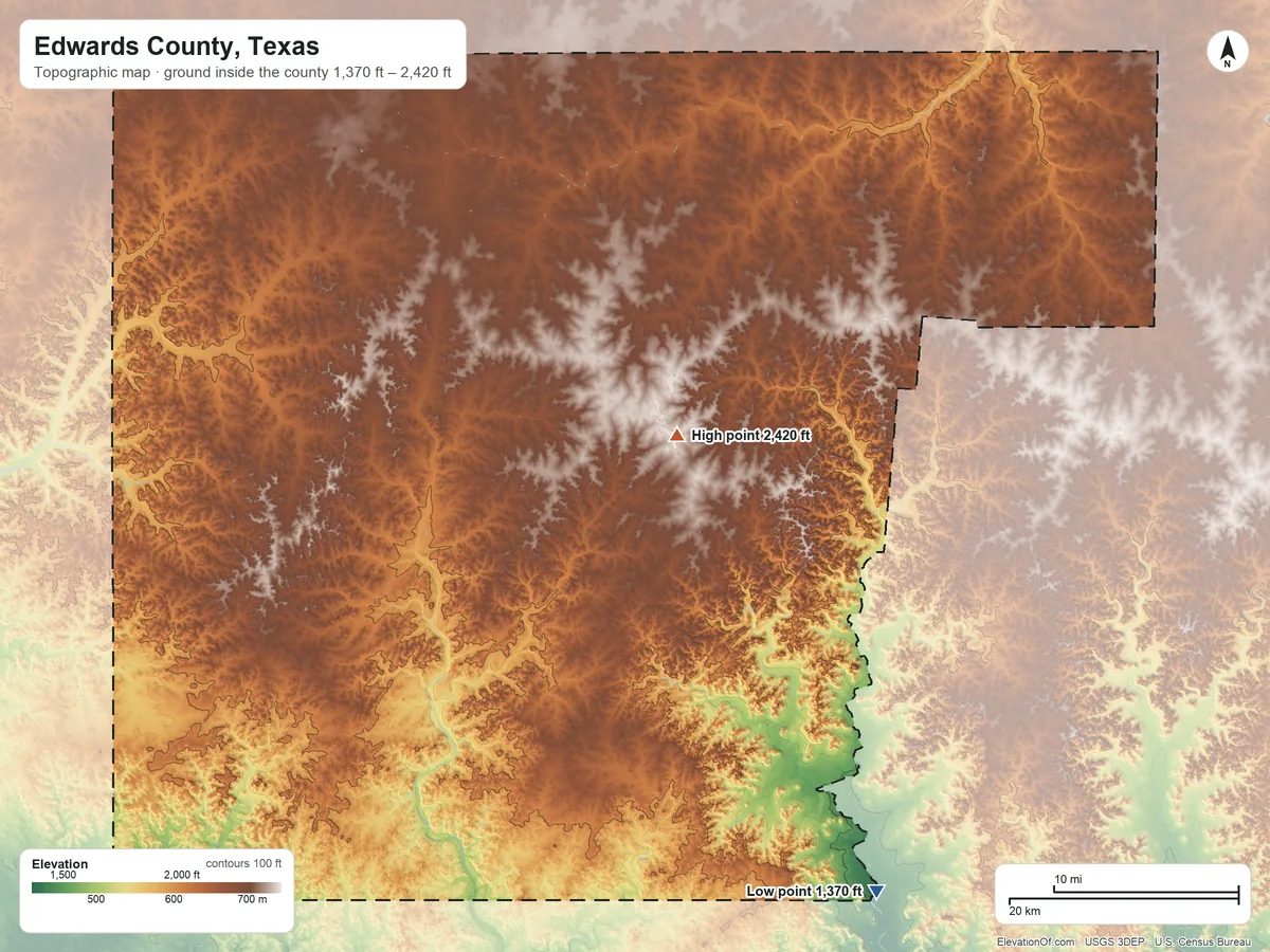 Topographic elevation map of Edwards County, Texas, shaded from 1,370 ft on the southeast side to 2,420 ft near the middle