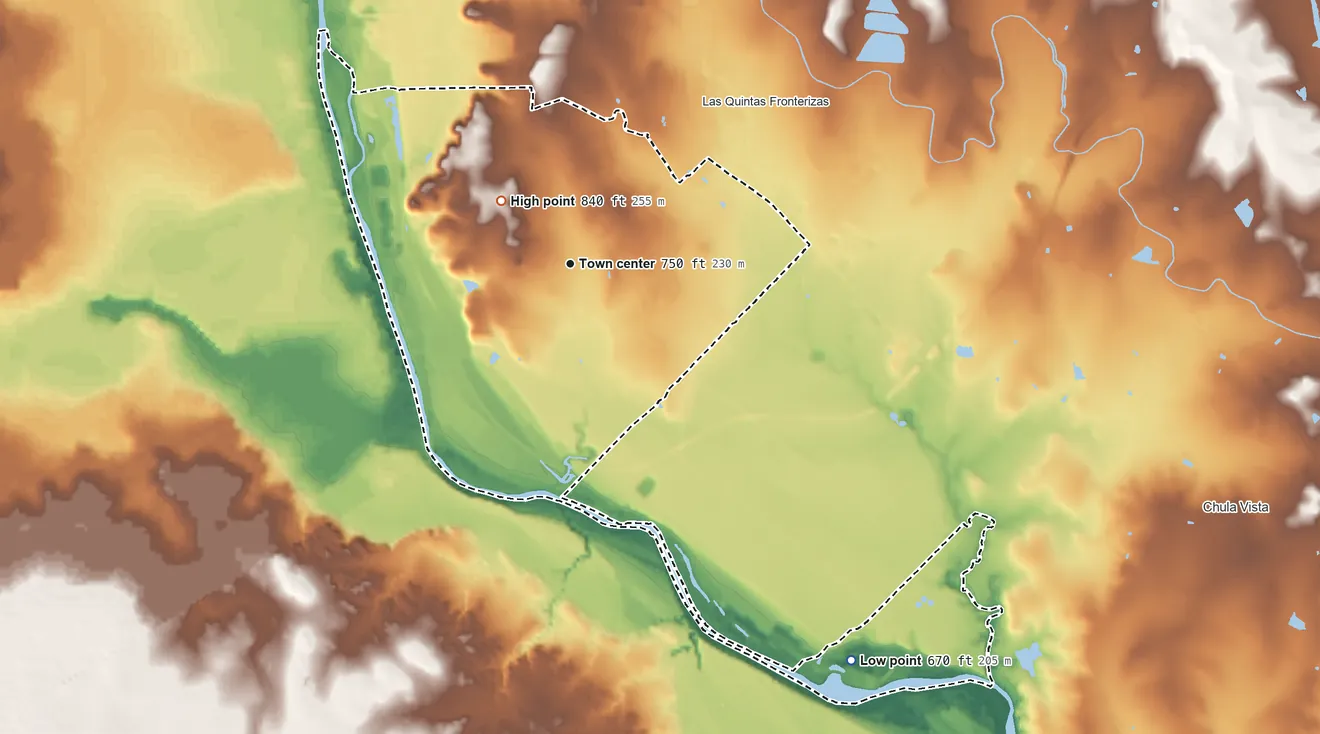 Topographic elevation map of Eidson Road, Texas, shaded from 670 ft on the southeast side to 840 ft near the middle