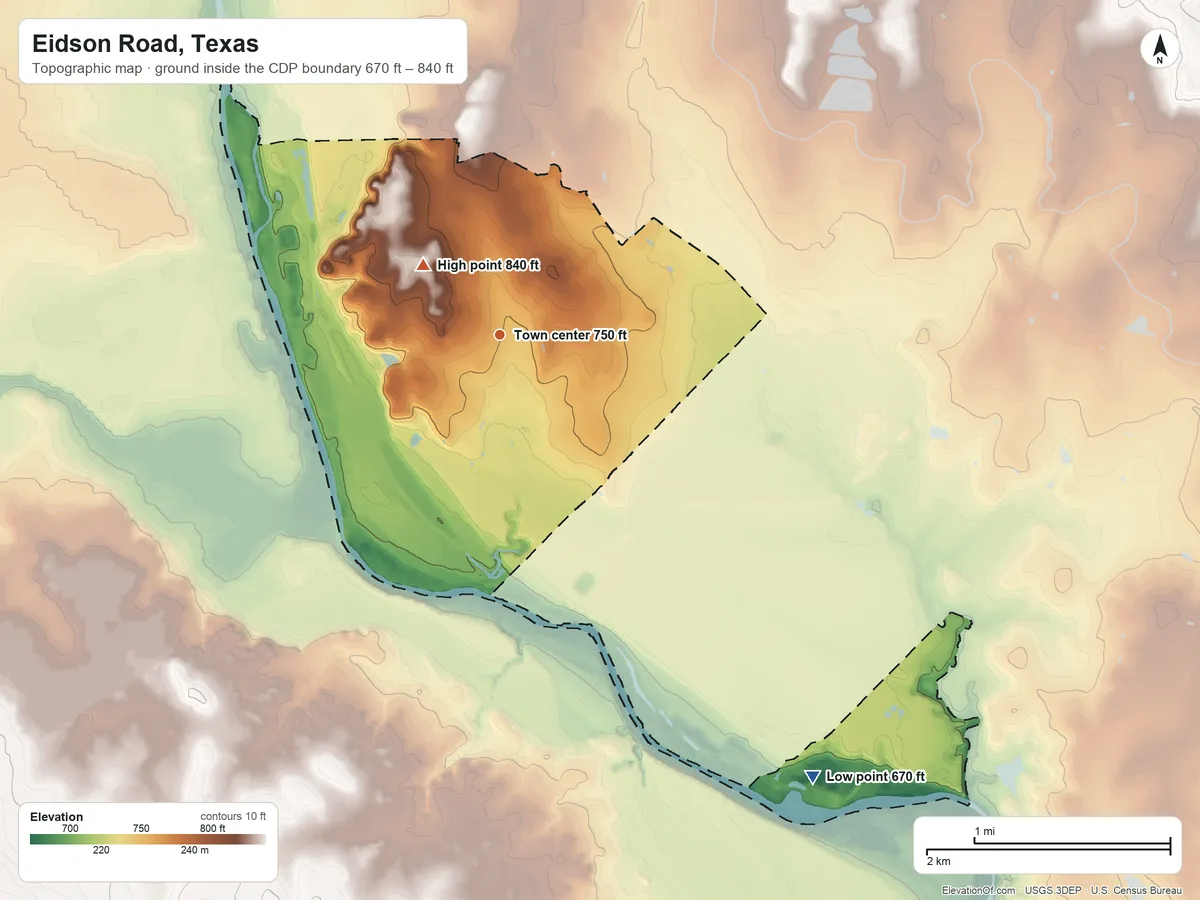 Topographic elevation map of Eidson Road, Texas, shaded from 670 ft on the southeast side to 840 ft near the middle