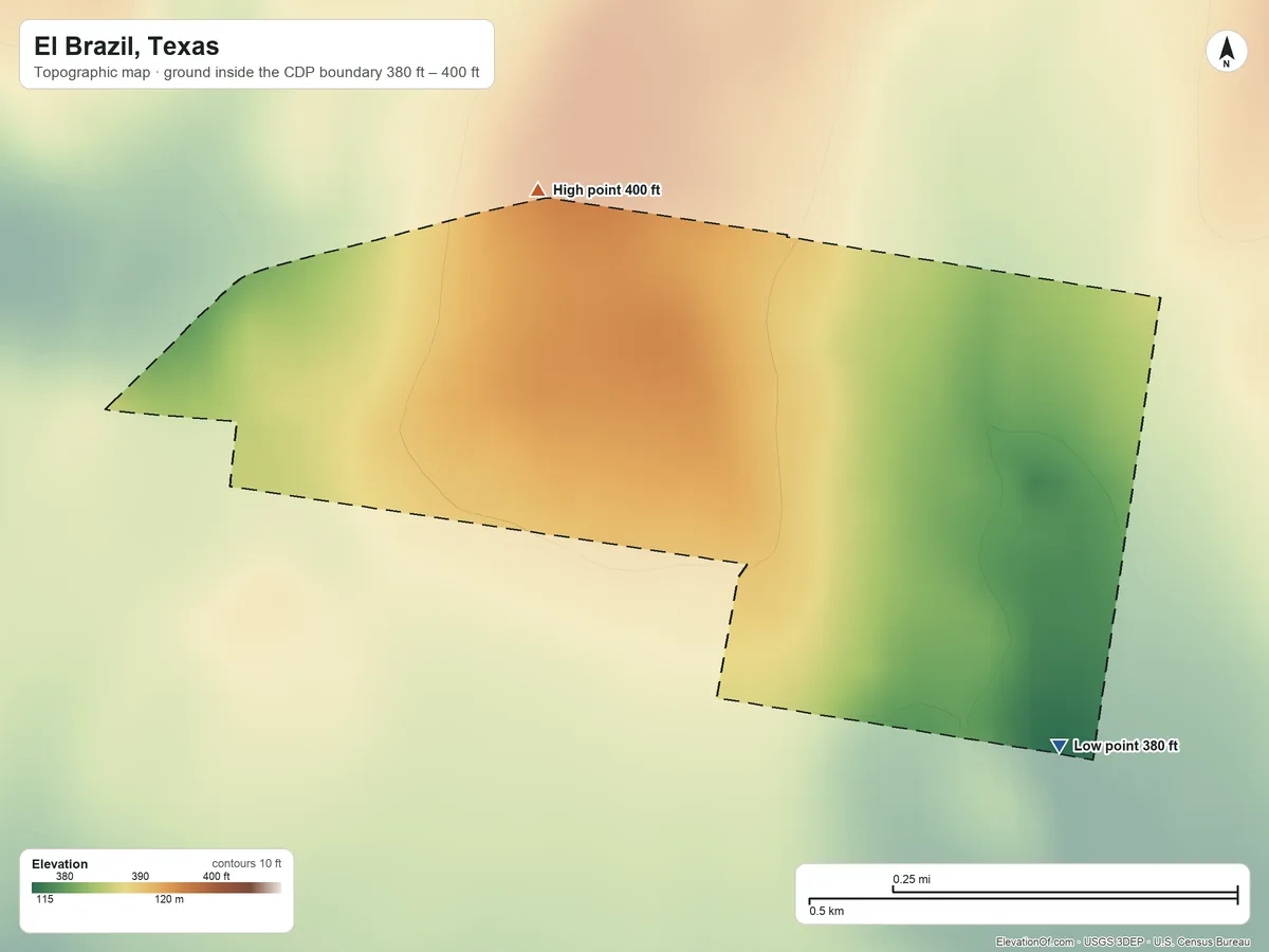 Topographic elevation map of El Brazil, Texas, shaded from 380 ft on the southeast side to 400 ft on the north side