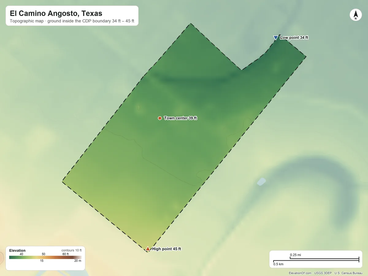 Topographic elevation map of El Camino Angosto, Texas, shaded from 34 ft on the northeast side to 45 ft on the south side