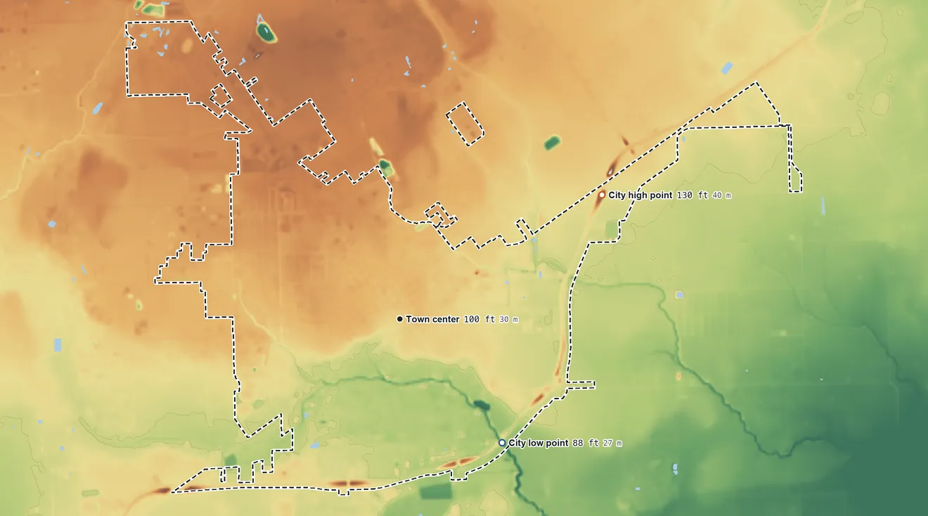 Topographic elevation map of El Campo, Texas, shaded from 88 ft on the southeast side to 130 ft on the northeast side