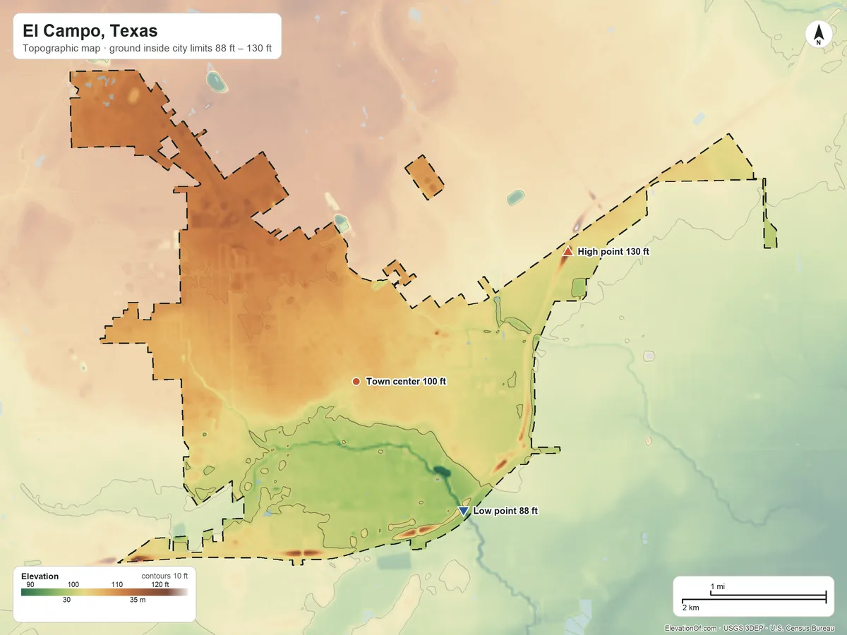 Topographic elevation map of El Campo, Texas, shaded from 88 ft on the southeast side to 130 ft on the northeast side