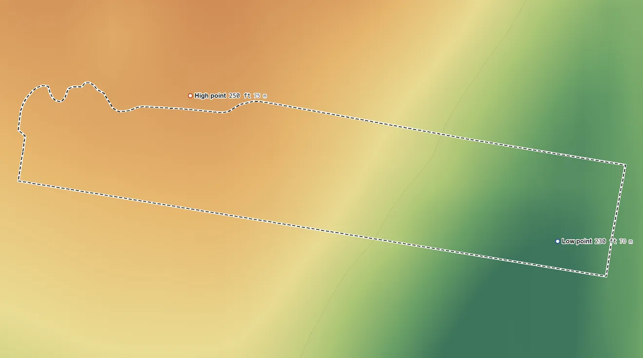 Topographic elevation map of El Castillo, Texas, shaded from 230 ft on the east side to 250 ft on the northwest side