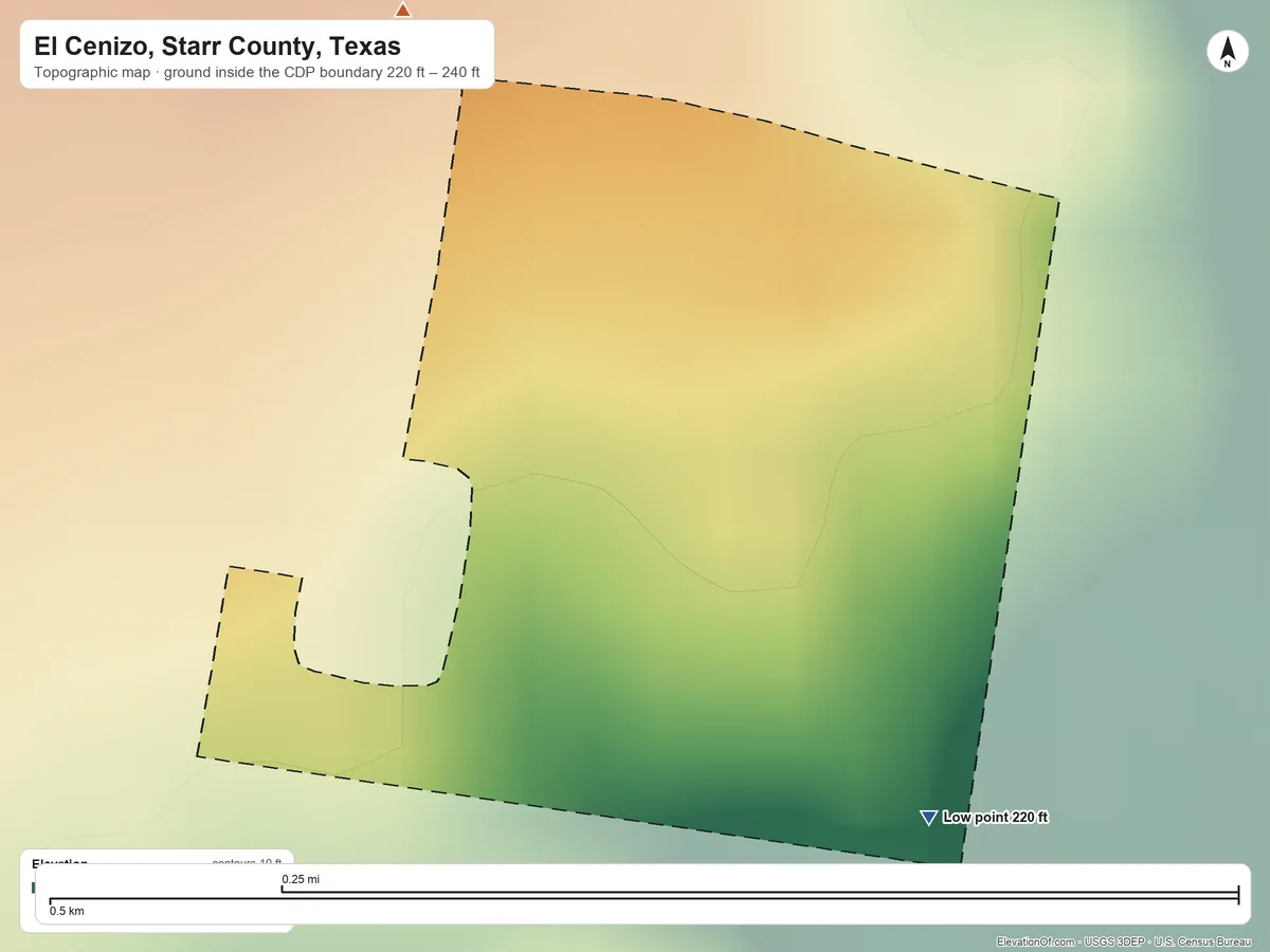 Topographic elevation map of El Cenizo, Starr County, Texas, shaded from 220 ft on the southeast side to 240 ft on the northwest side