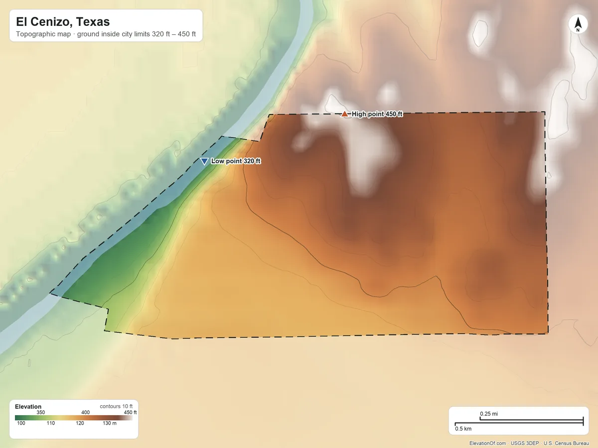 Topographic elevation map of El Cenizo, Texas, shaded from 320 ft on the northwest side to 450 ft on the north side
