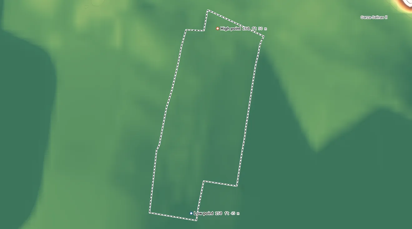 Topographic elevation map of El Chaparral, Texas, shaded from 150 ft on the south side to 160 ft on the north side