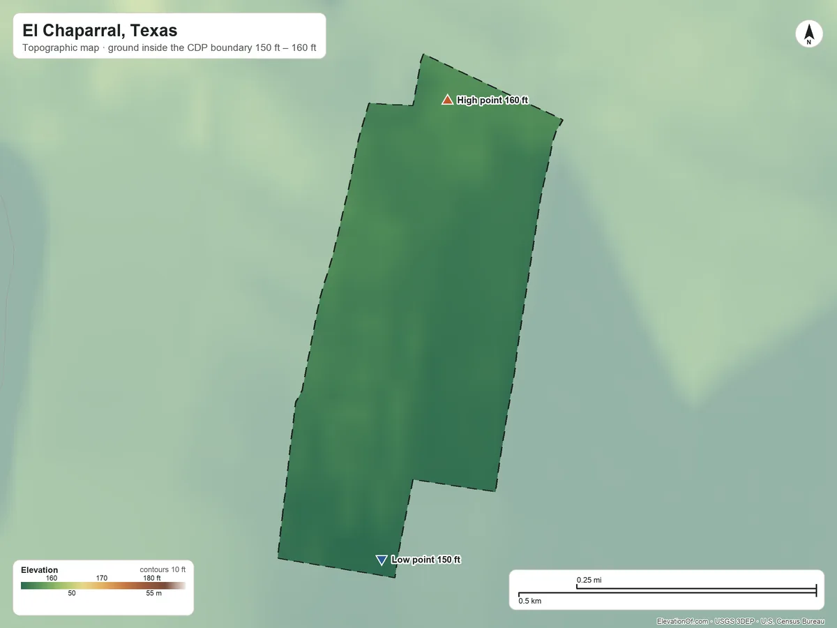 Topographic elevation map of El Chaparral, Texas, shaded from 150 ft on the south side to 160 ft on the north side