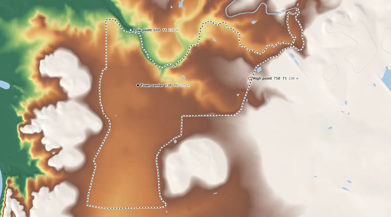 Topographic elevation map of El Indio, Texas, shaded from 680 ft on the north side to 750 ft on the east side