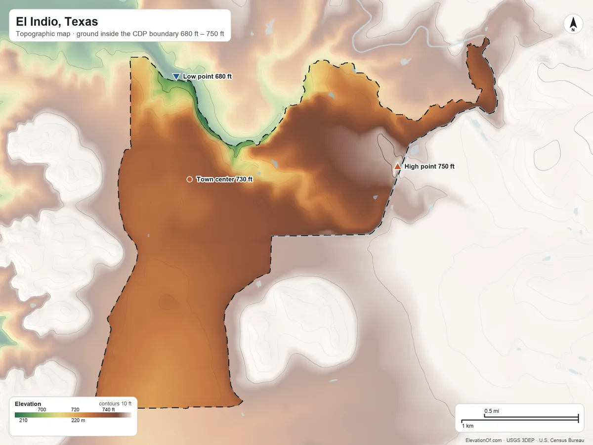 Topographic elevation map of El Indio, Texas, shaded from 680 ft on the north side to 750 ft on the east side