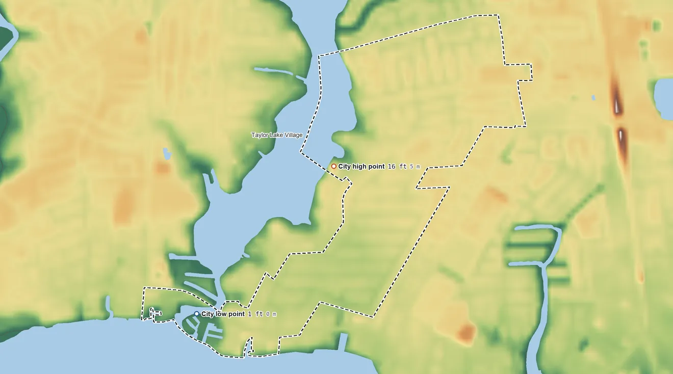 Topographic elevation map of El Lago, Texas, shaded from 1 ft on the southwest side to 16 ft on the northwest side
