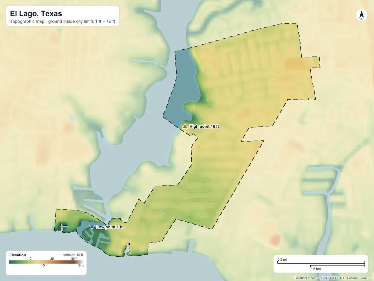 Topographic elevation map of El Lago, Texas, shaded from 1 ft on the southwest side to 16 ft on the northwest side