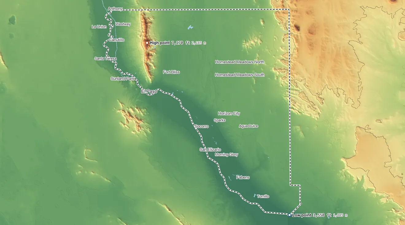 Topographic elevation map of El Paso County, Texas, shaded from 3,550 ft on the southeast side to 7,170 ft on North Franklin Mountain