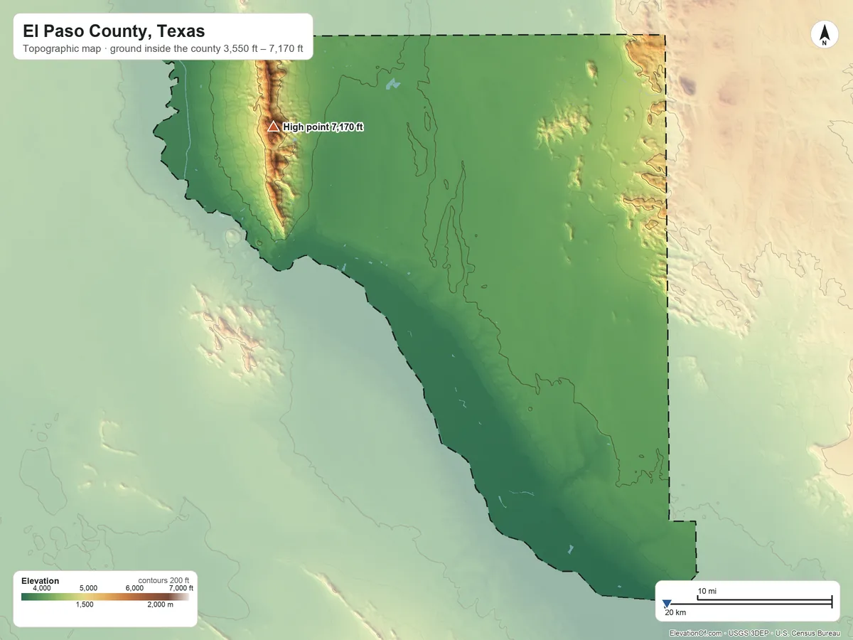 Topographic elevation map of El Paso County, Texas, shaded from 3,550 ft on the southeast side to 7,170 ft on North Franklin Mountain