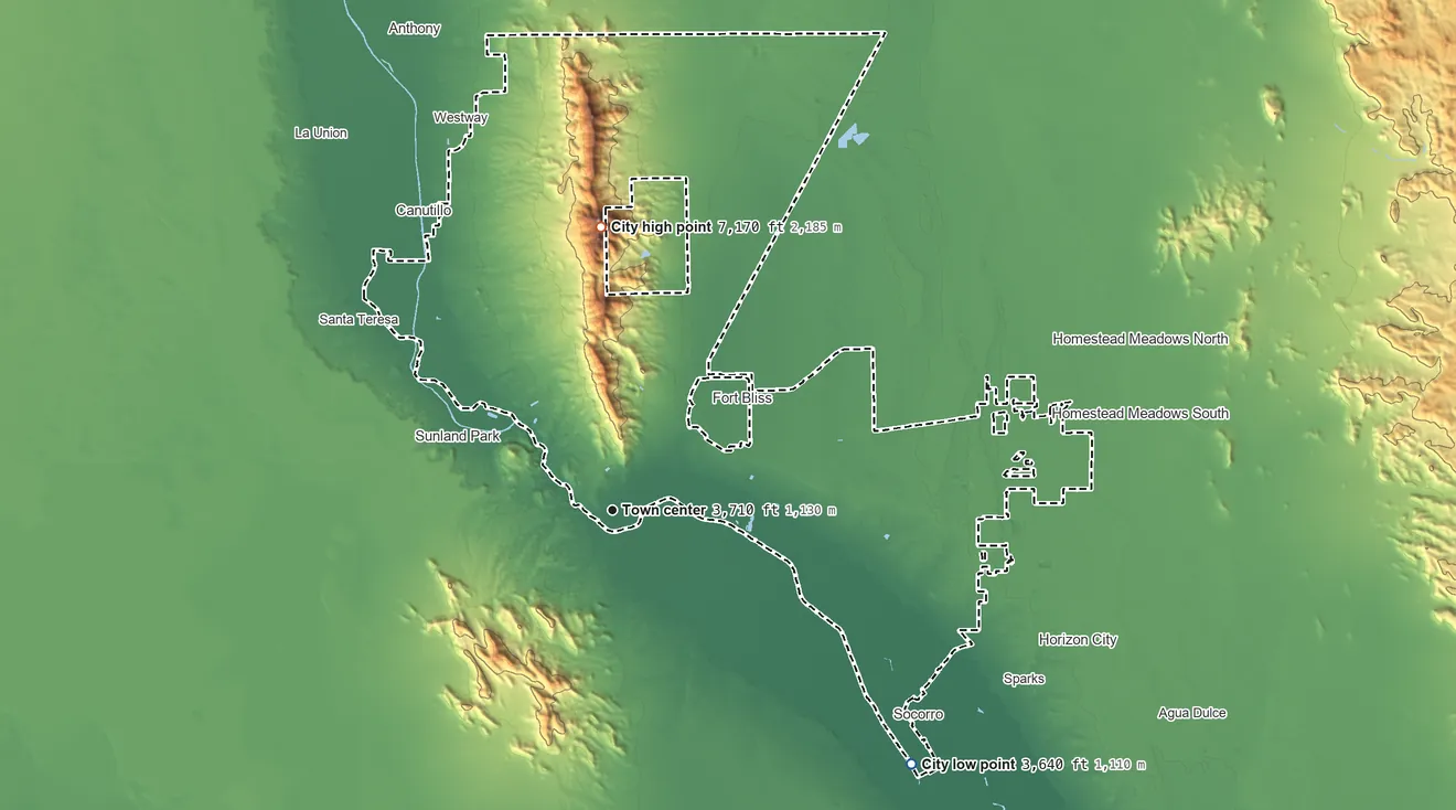 Topographic elevation map of El Paso, Texas, shaded from 3,640 ft on the southeast side to 7,170 ft on North Franklin Mountain