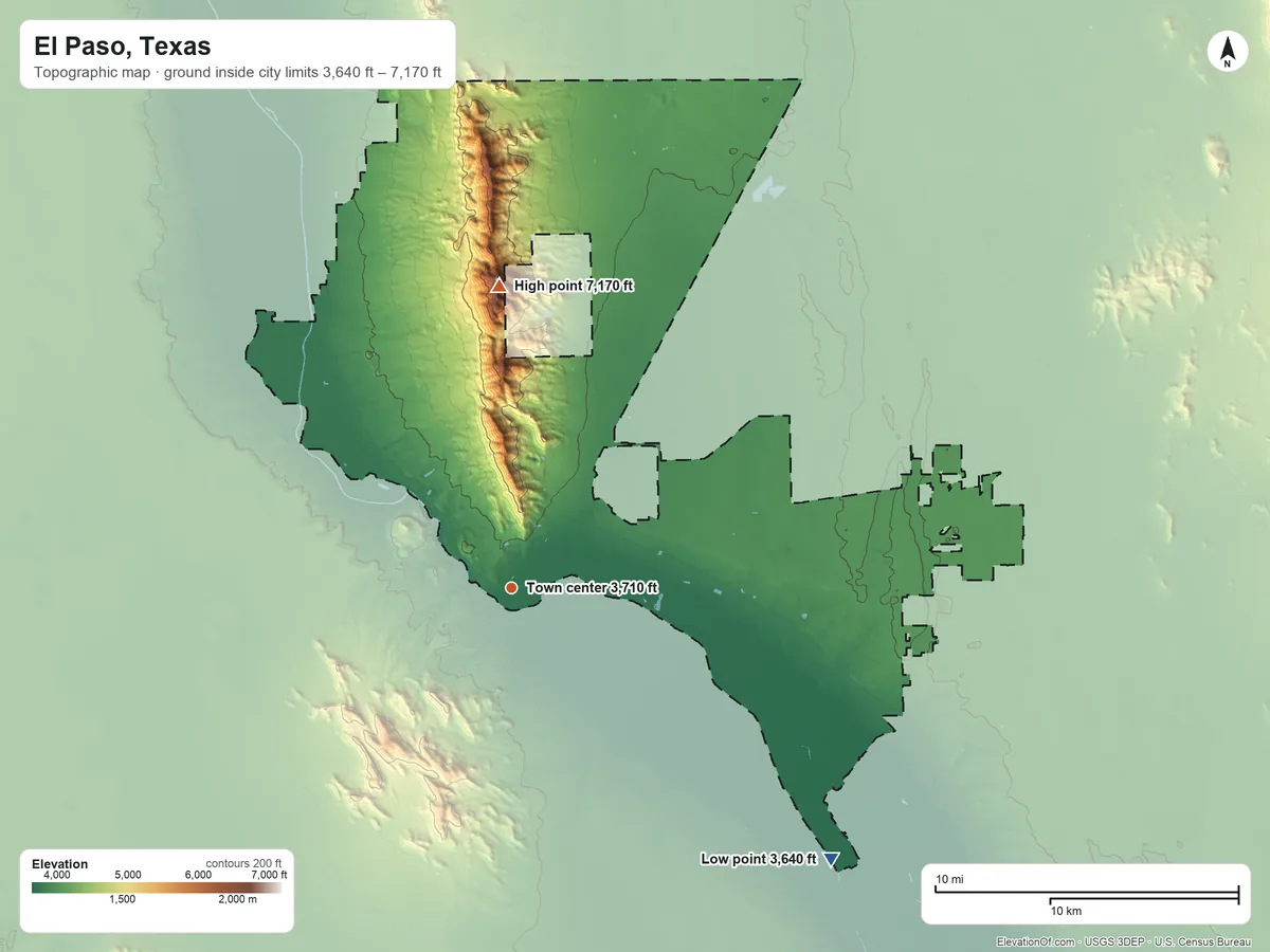 Topographic elevation map of El Paso, Texas, shaded from 3,640 ft on the southeast side to 7,170 ft on North Franklin Mountain