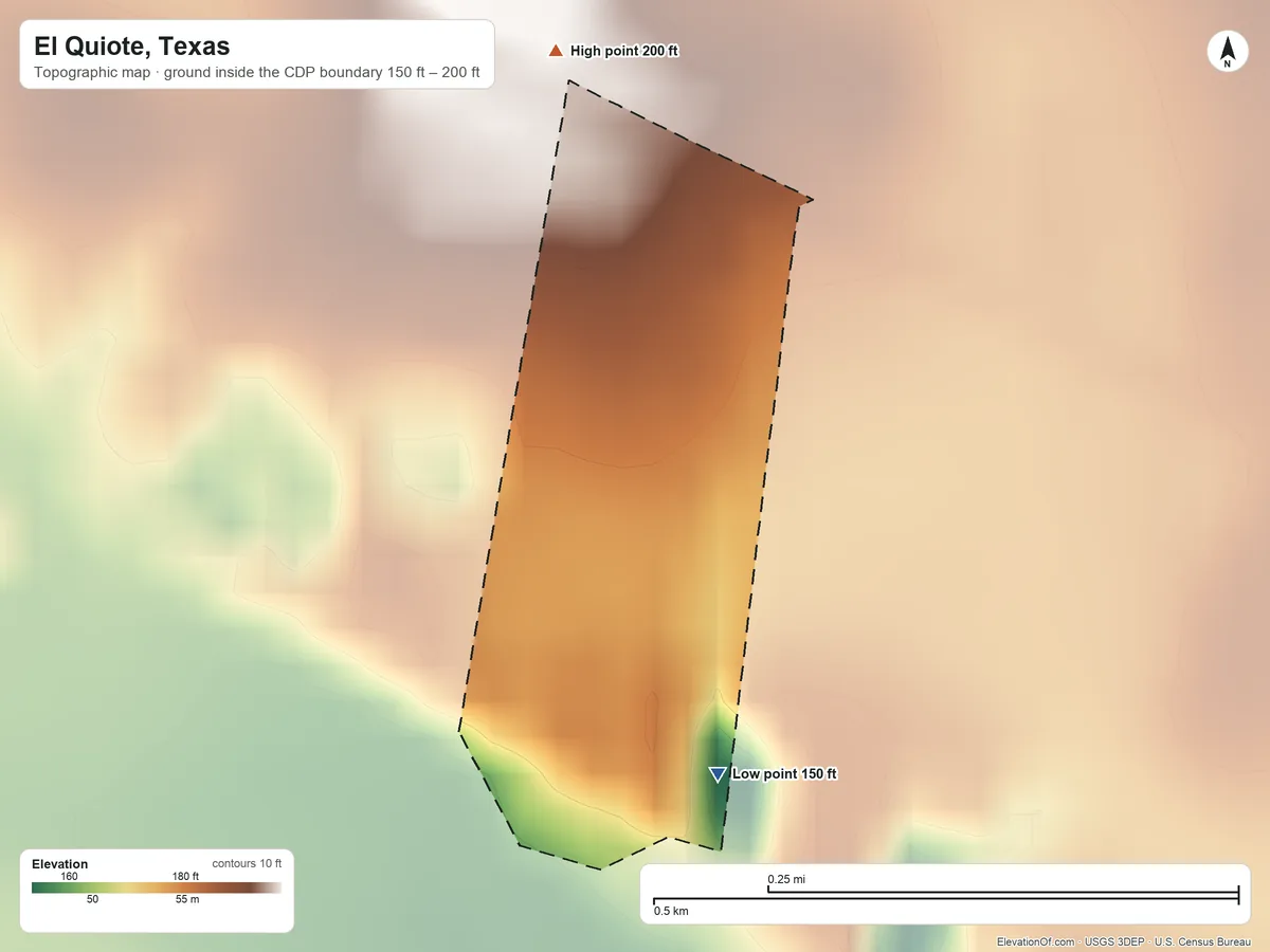 Topographic elevation map of El Quiote, Texas, shaded from 150 ft on the southeast side to 200 ft on the north side