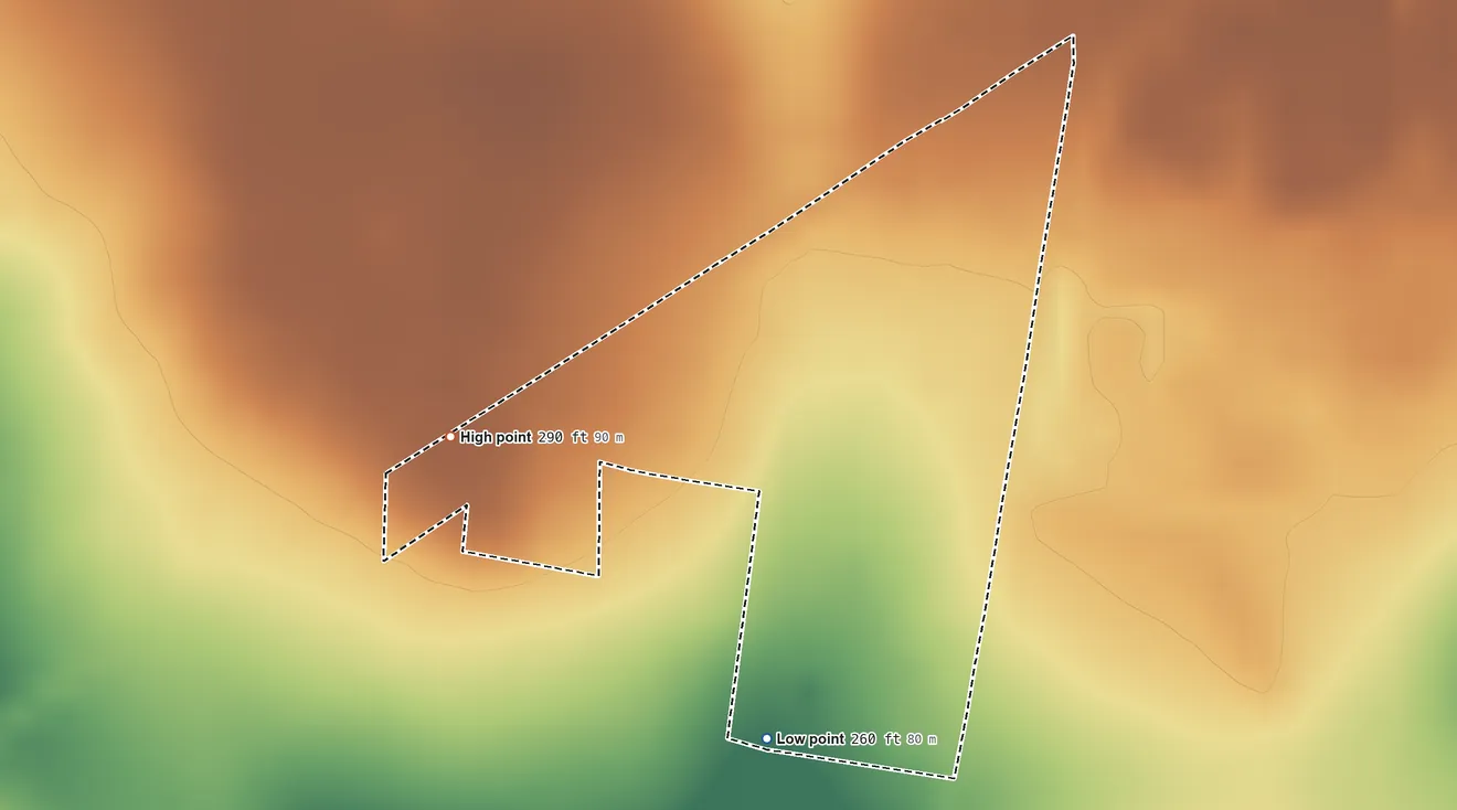 Topographic elevation map of El Rancho Vela, Texas, shaded from 260 ft on the south side to 290 ft on the west side