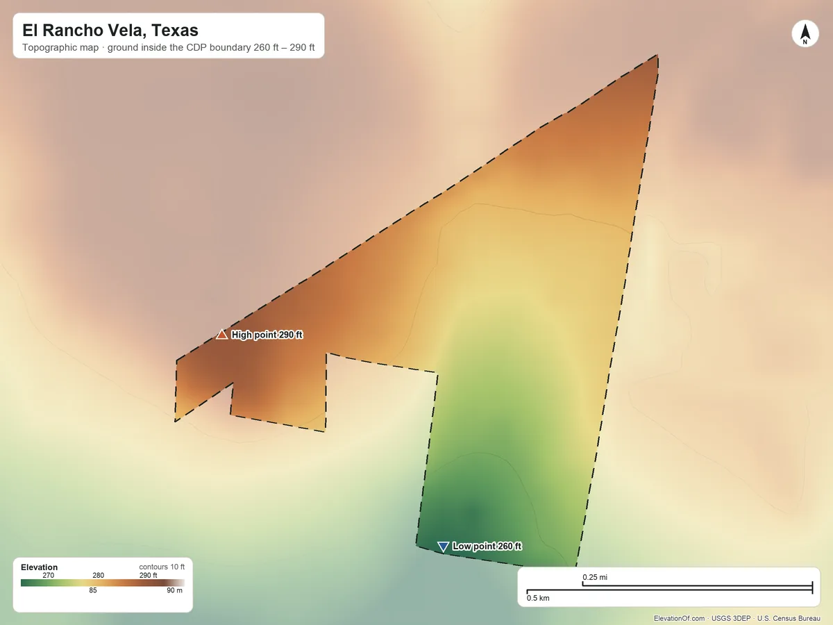 Topographic elevation map of El Rancho Vela, Texas, shaded from 260 ft on the south side to 290 ft on the west side