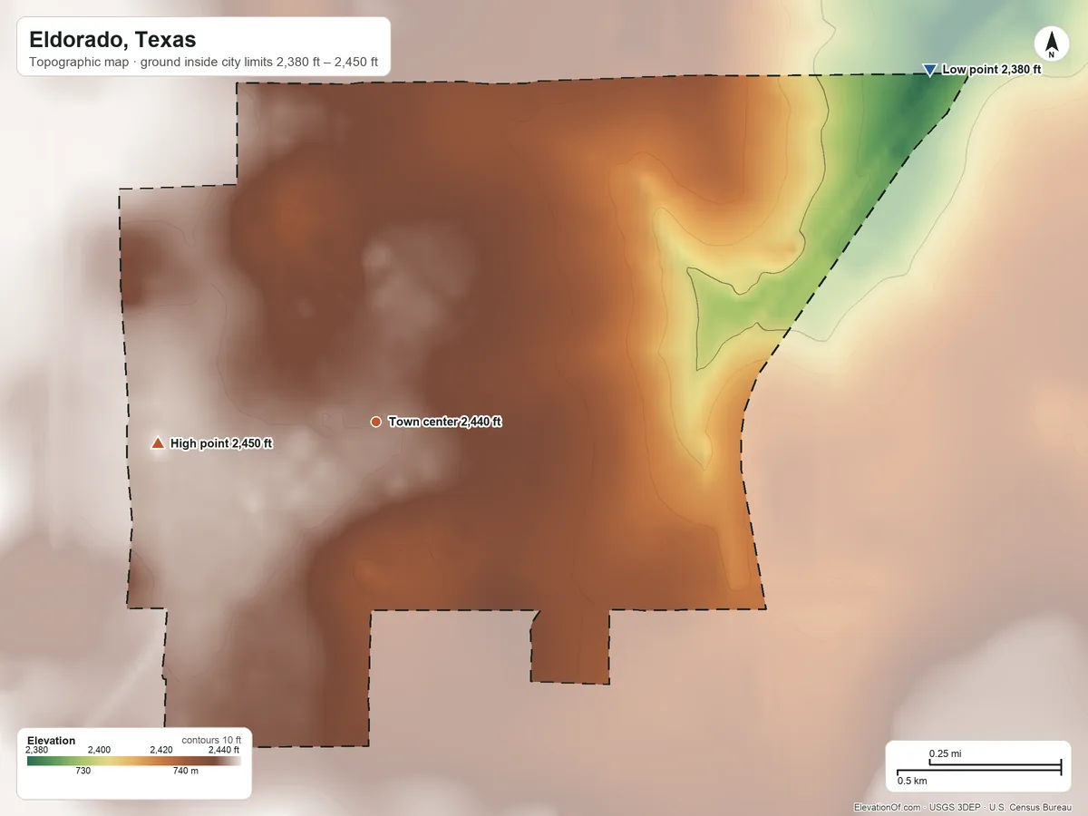 Topographic elevation map of Eldorado, Texas, shaded from 2,380 ft on the northeast side to 2,450 ft on the west side