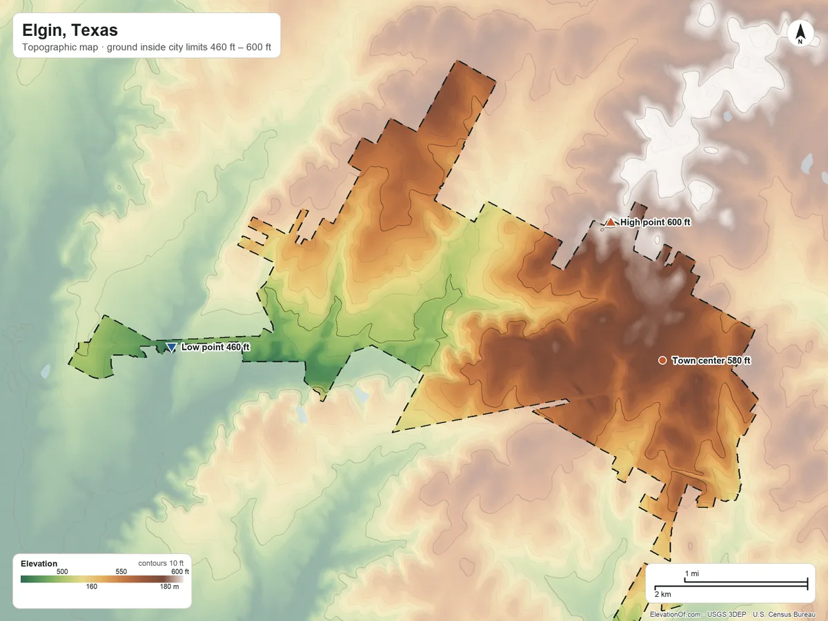 Topographic elevation map of Elgin, Texas, shaded from 460 ft on the west side to 600 ft on the north side
