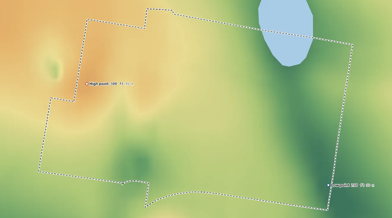 Topographic elevation map of Elias-Fela Solis, Texas, shaded from 290 ft on the southeast side to 300 ft on the west side
