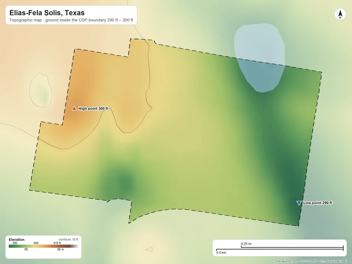 Topographic elevation map of Elias-Fela Solis, Texas, shaded from 290 ft on the southeast side to 300 ft on the west side