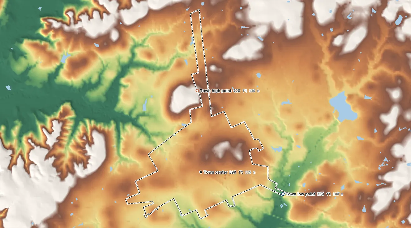 Topographic elevation map of Elkhart, Texas, shaded from 330 ft on the east side to 420 ft on the north side