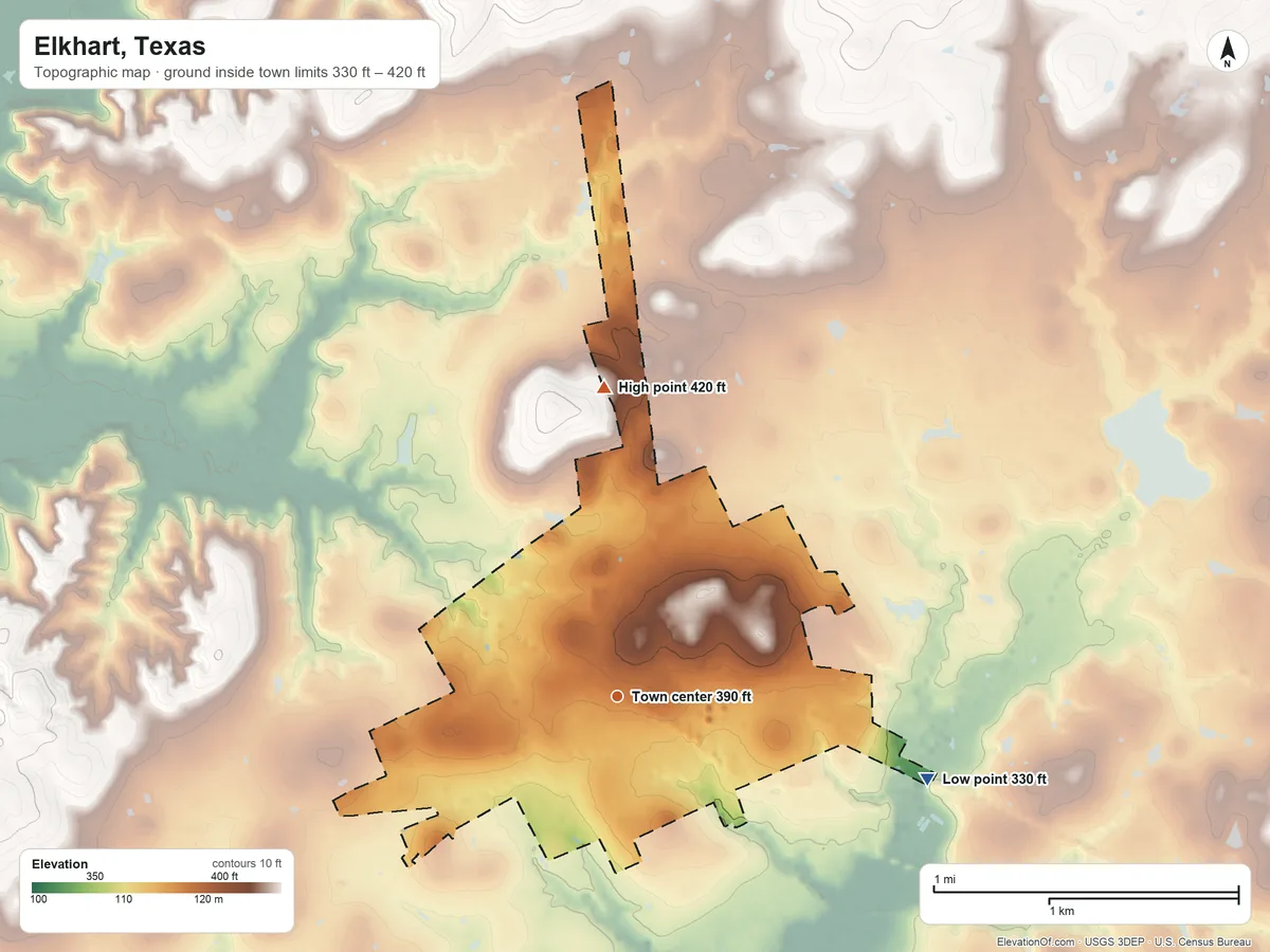 Topographic elevation map of Elkhart, Texas, shaded from 330 ft on the east side to 420 ft on the north side