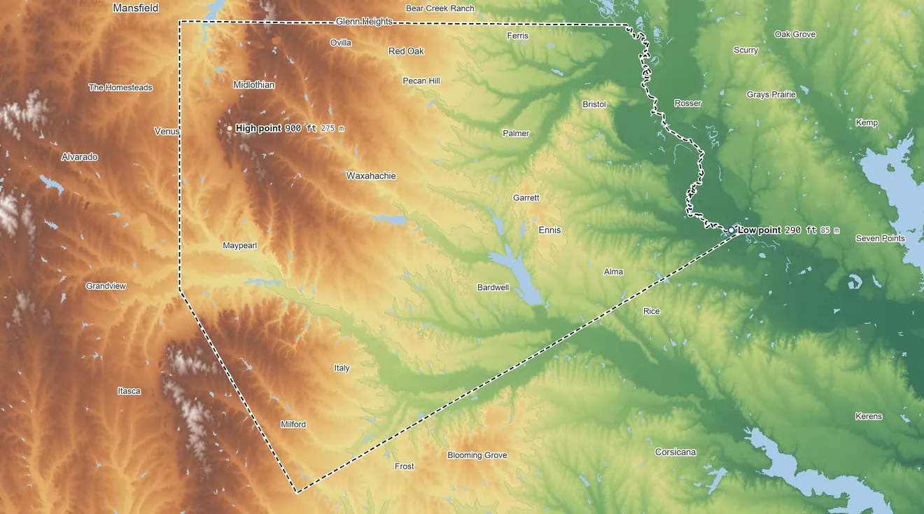 Topographic elevation map of Ellis County, Texas, shaded from 290 ft on the east side to 900 ft on the northwest side