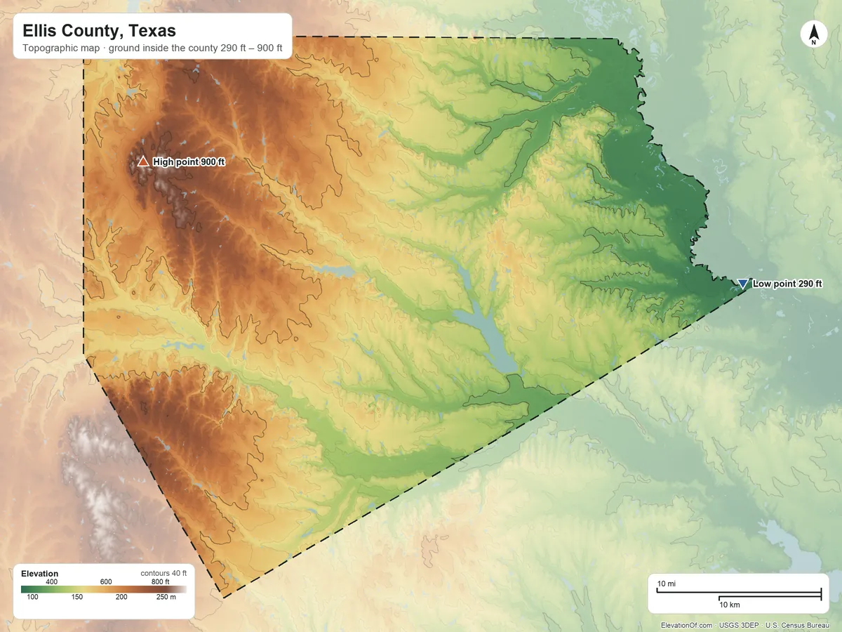 Topographic elevation map of Ellis County, Texas, shaded from 290 ft on the east side to 900 ft on the northwest side