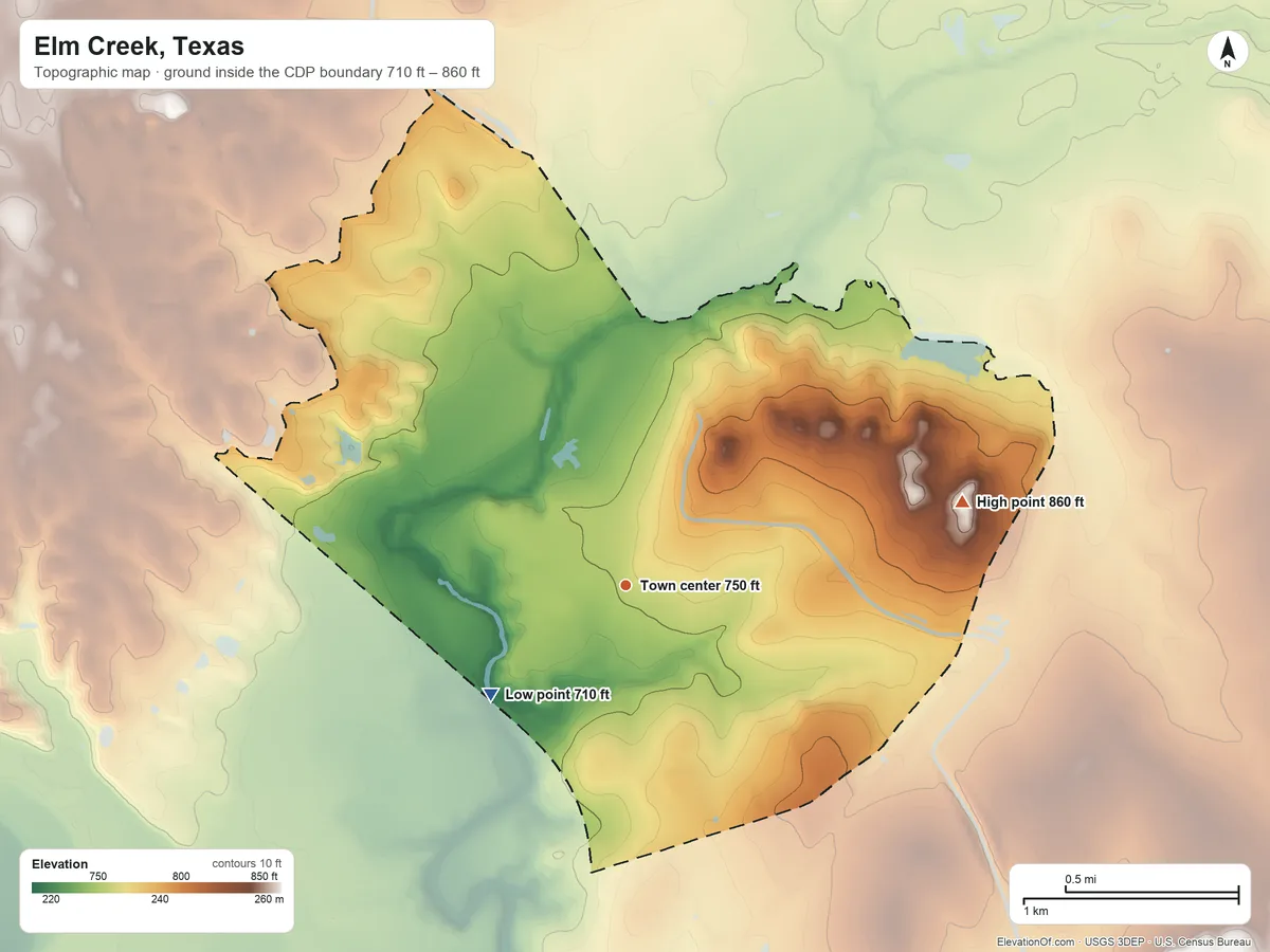 Topographic elevation map of Elm Creek, Texas, shaded from 710 ft on the southwest side to 860 ft on the east side