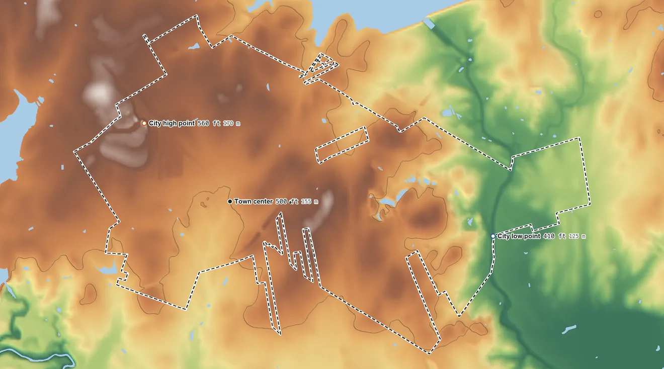 Topographic elevation map of Elmendorf, Texas, shaded from 410 ft on the east side to 560 ft on the northwest side