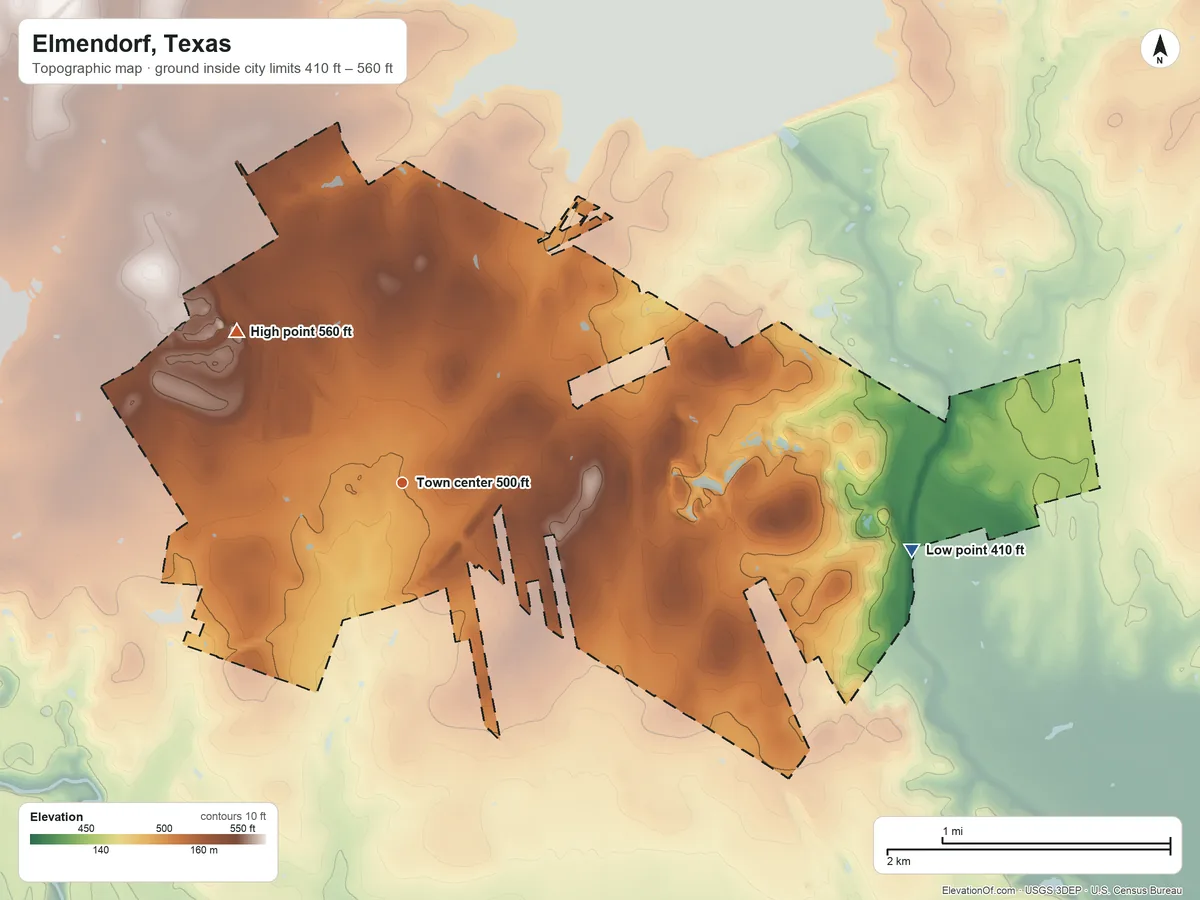 Topographic elevation map of Elmendorf, Texas, shaded from 410 ft on the east side to 560 ft on the northwest side