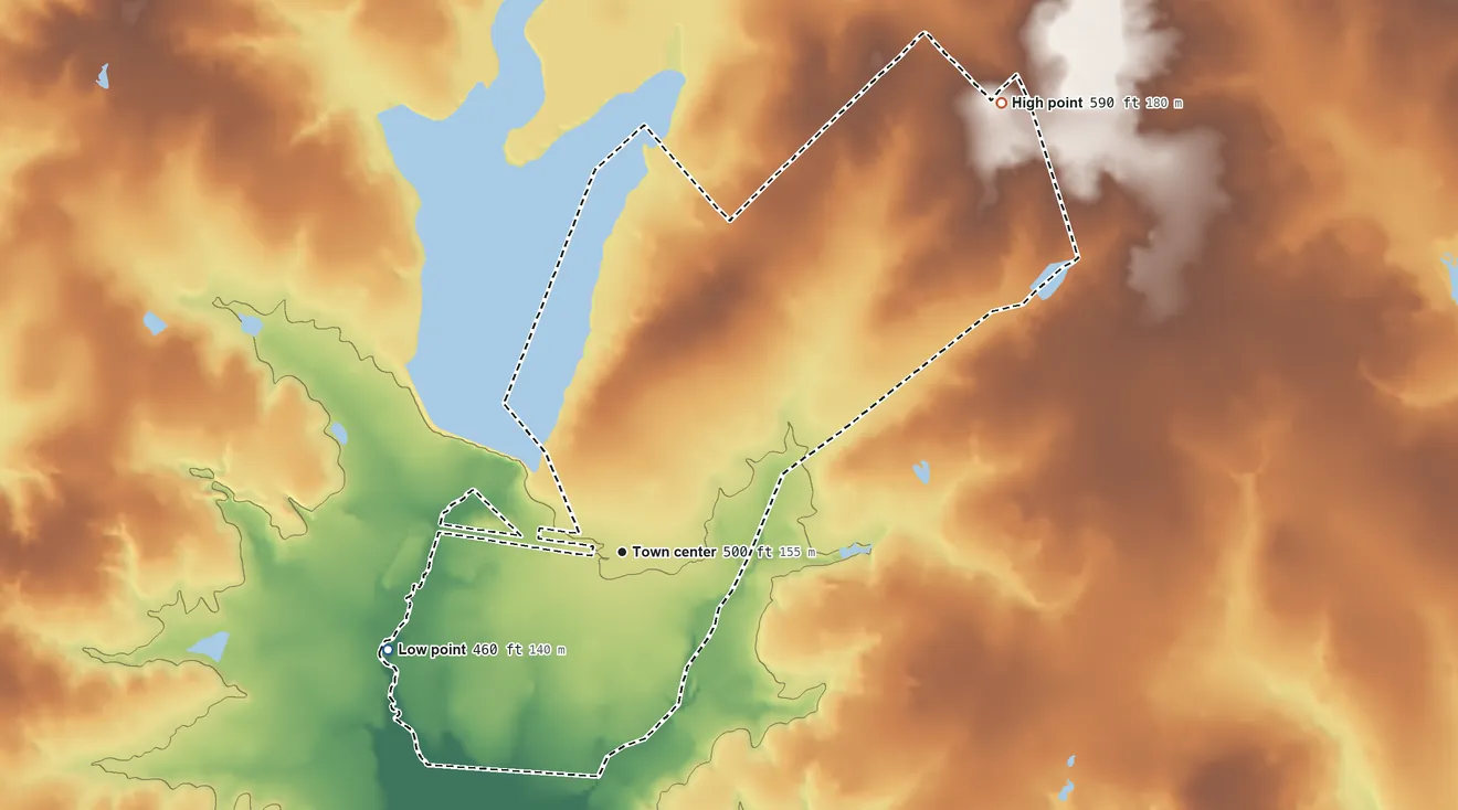 Topographic elevation map of Elmo, Texas, shaded from 460 ft on the southwest side to 590 ft on the northeast side