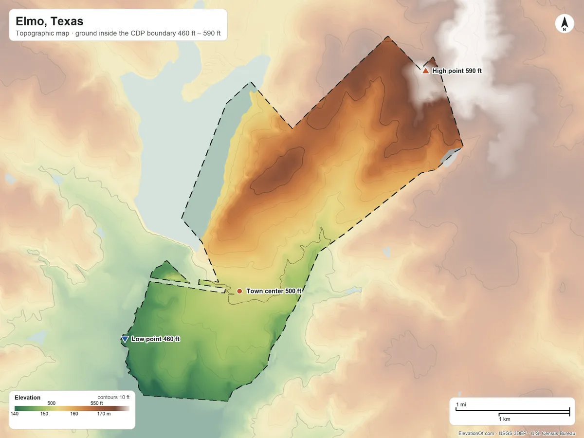 Topographic elevation map of Elmo, Texas, shaded from 460 ft on the southwest side to 590 ft on the northeast side