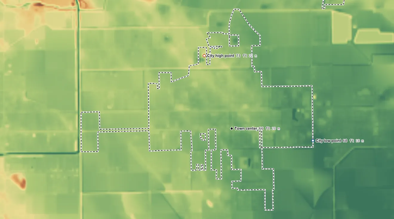Topographic elevation map of Elsa, Texas, shaded from 60 ft on the east side to 73 ft on the north side