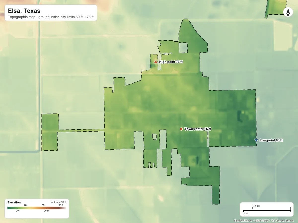 Topographic elevation map of Elsa, Texas, shaded from 60 ft on the east side to 73 ft on the north side