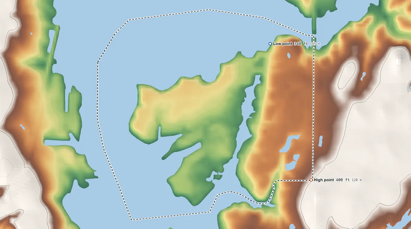 Topographic elevation map of Emerald Bay, Texas, shaded from 340 ft on the northeast side to 400 ft on the southeast side