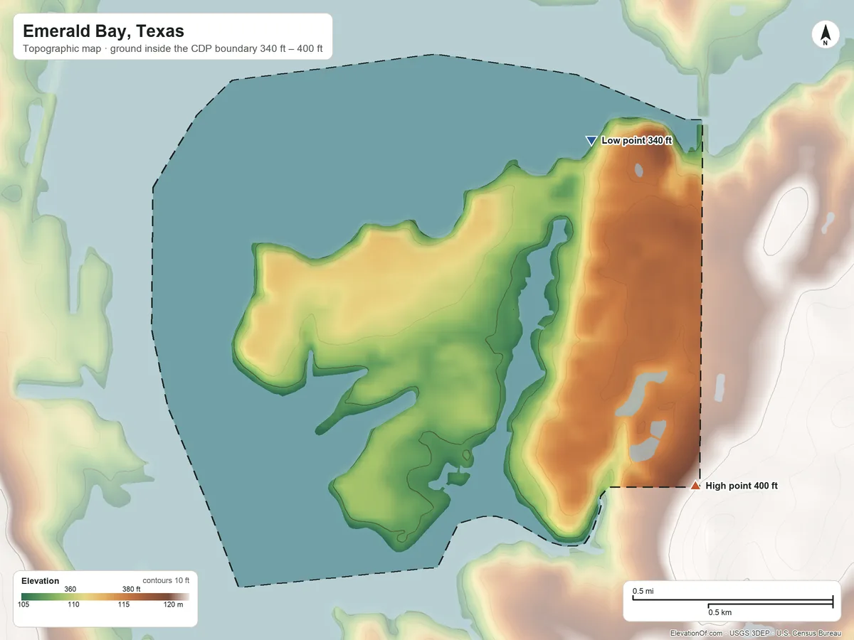 Topographic elevation map of Emerald Bay, Texas, shaded from 340 ft on the northeast side to 400 ft on the southeast side