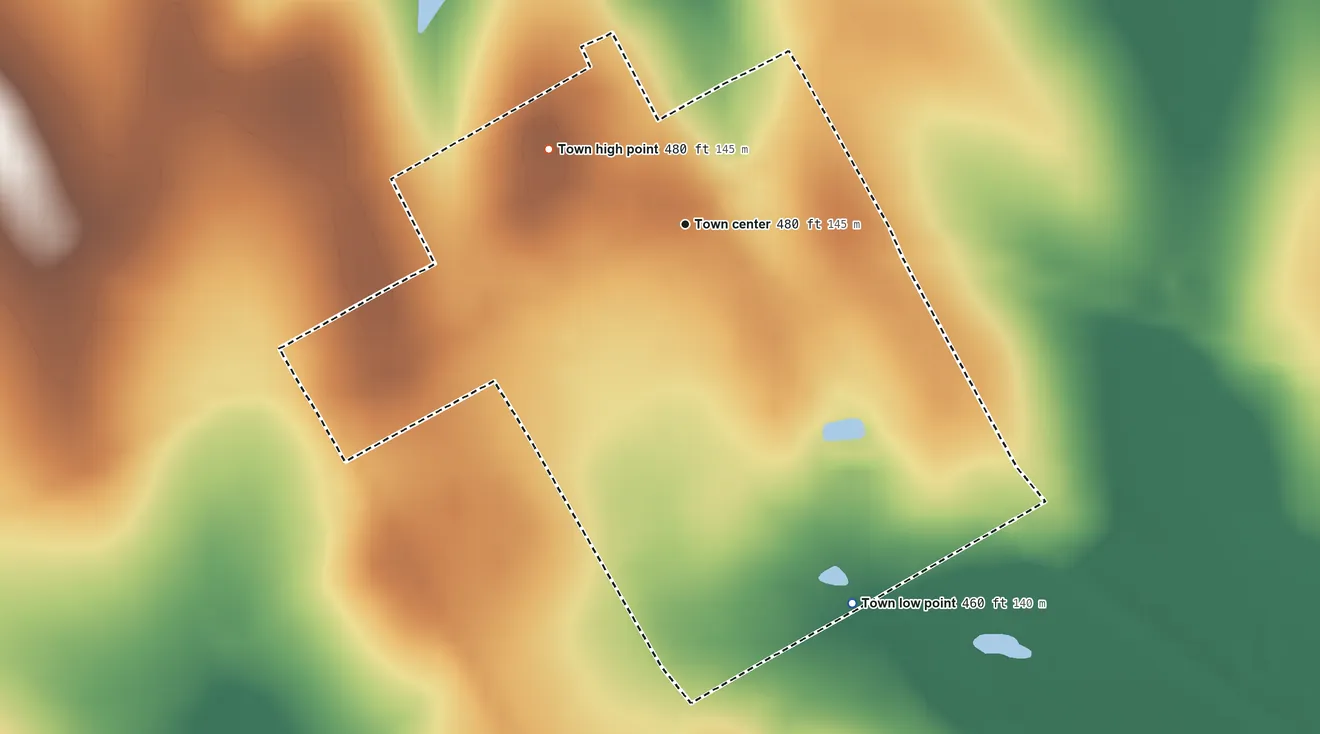 Topographic elevation map of Emhouse, Texas, shaded from 460 ft on the southeast side to 480 ft on the northwest side