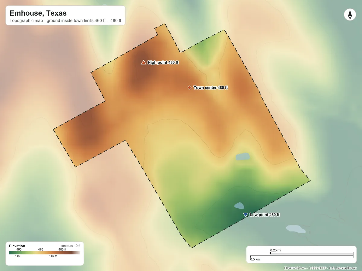 Topographic elevation map of Emhouse, Texas, shaded from 460 ft on the southeast side to 480 ft on the northwest side