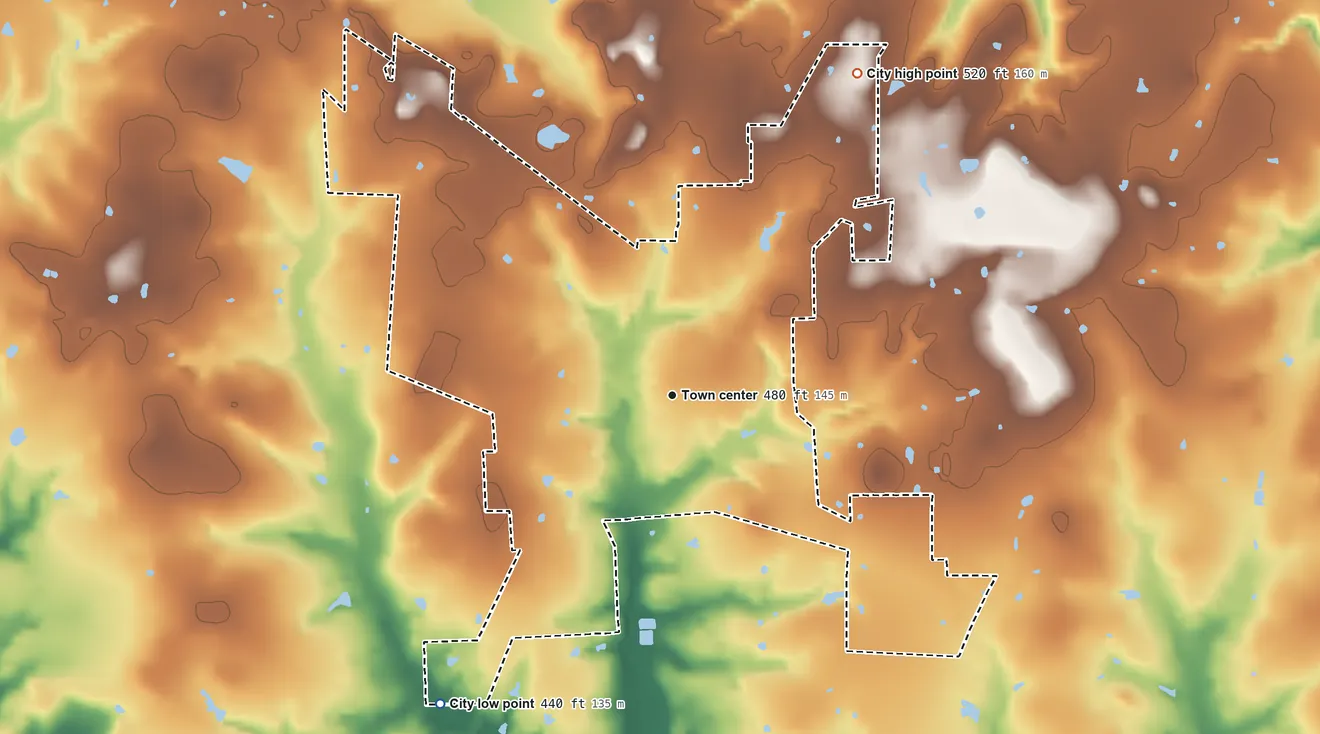 Topographic elevation map of Emory, Texas, shaded from 440 ft on the southwest side to 520 ft on the northeast side