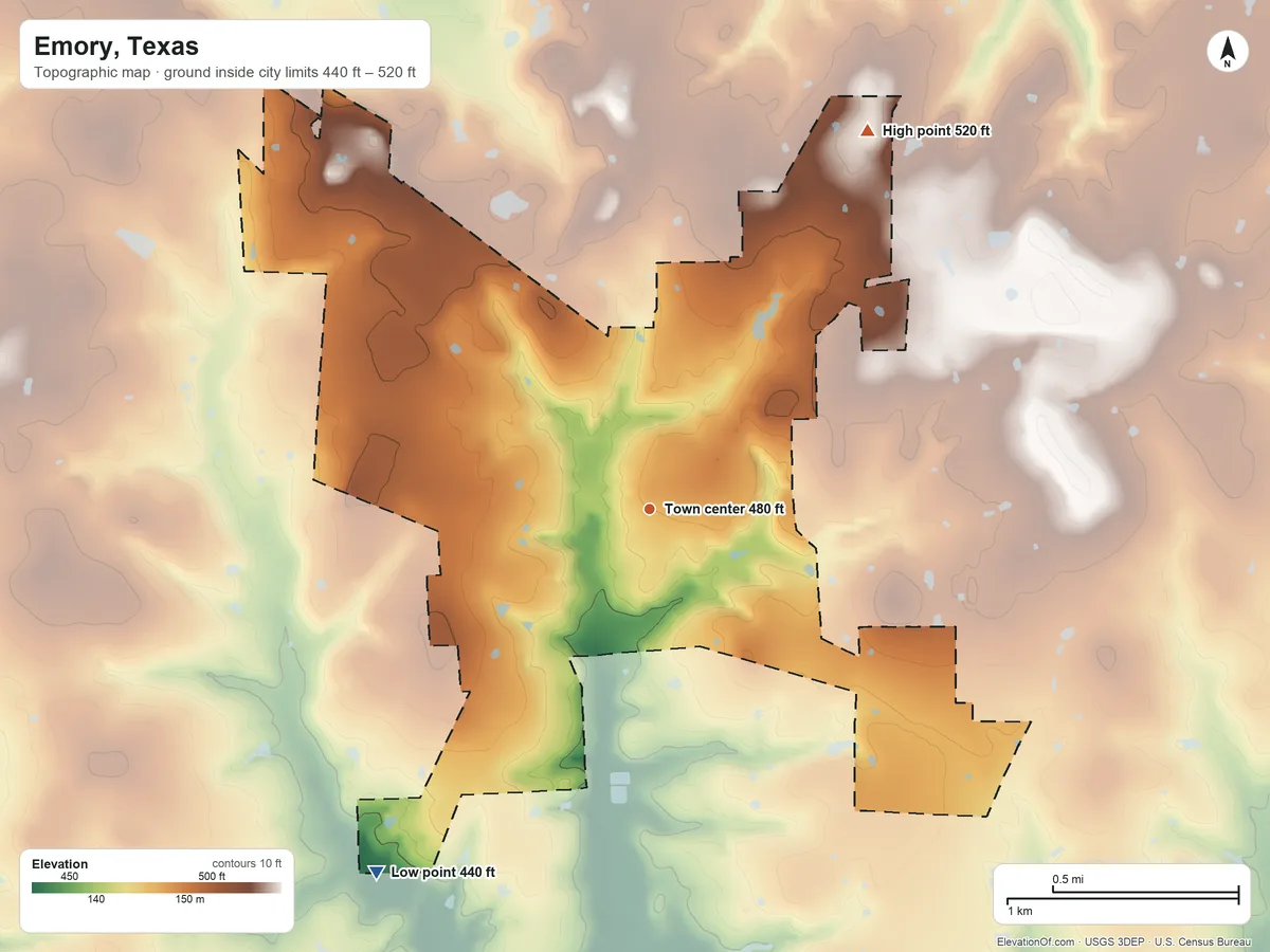 Topographic elevation map of Emory, Texas, shaded from 440 ft on the southwest side to 520 ft on the northeast side