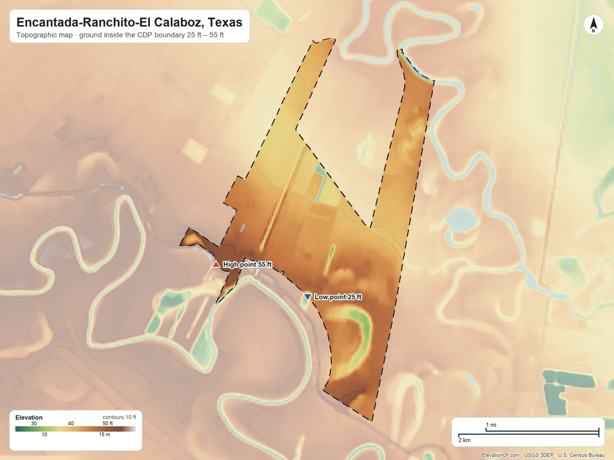 Topographic elevation map of Encantada-Ranchito-El Calaboz, Texas, shaded from 25 ft on the southwest side to 55 ft on the west side