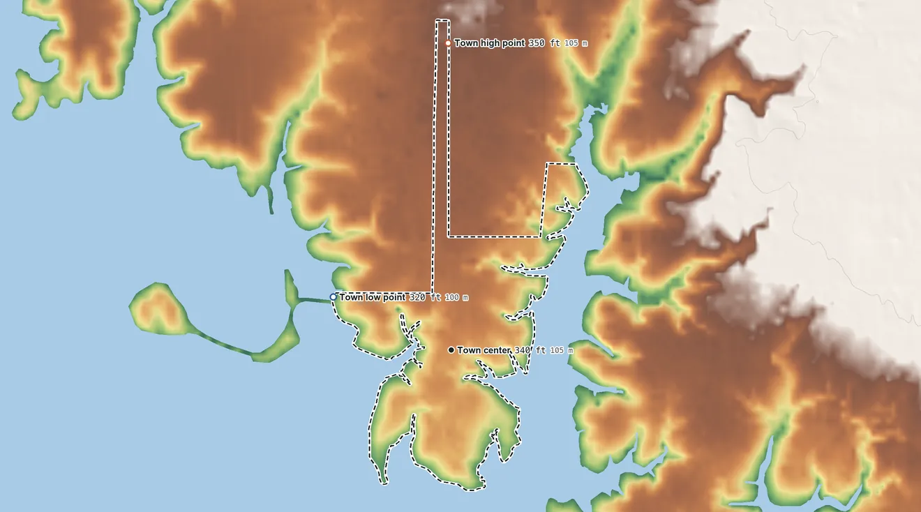 Topographic elevation map of Enchanted Oaks, Texas, shaded from 320 ft on the northwest side to 350 ft on the north side