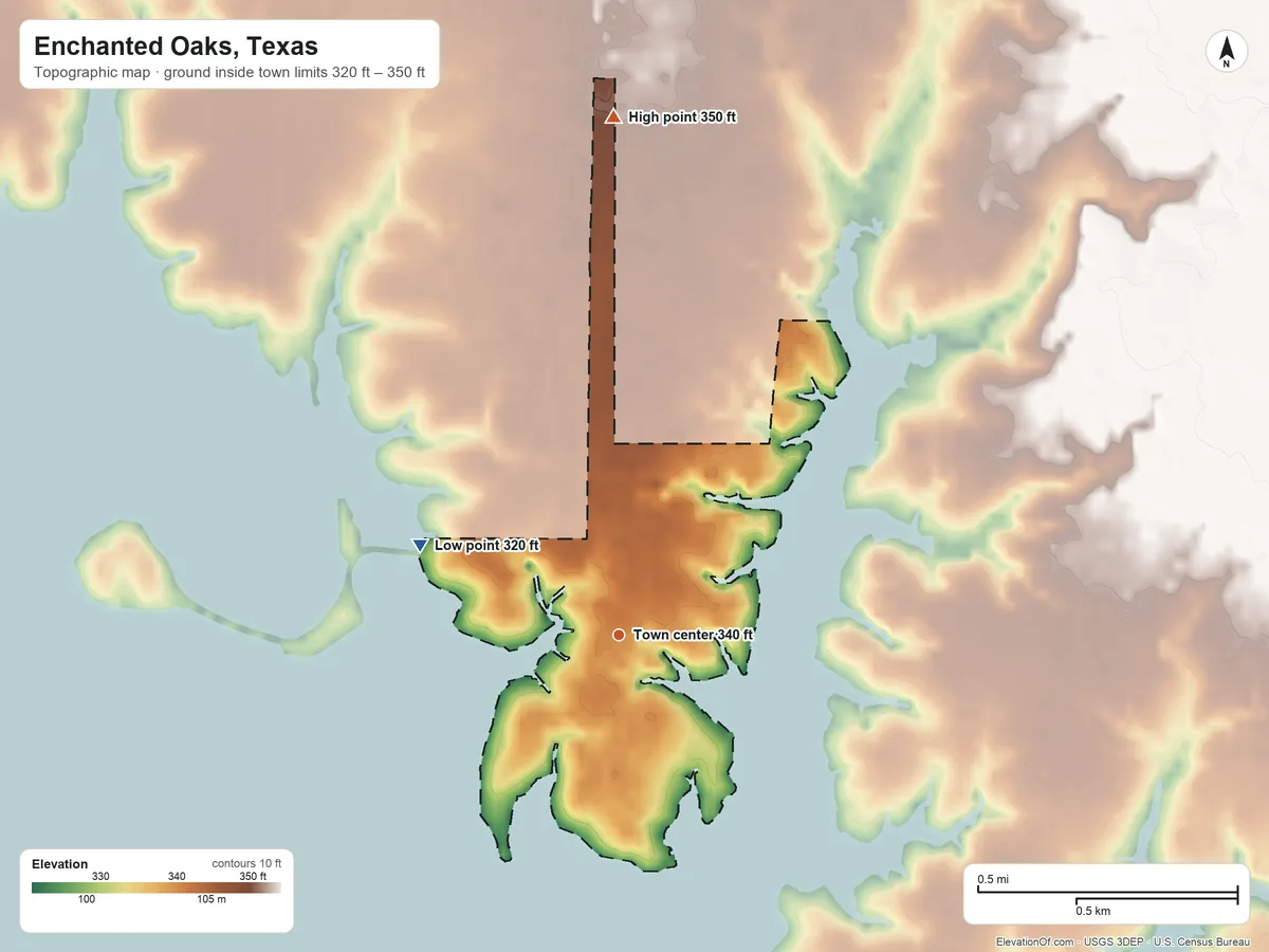 Topographic elevation map of Enchanted Oaks, Texas, shaded from 320 ft on the northwest side to 350 ft on the north side