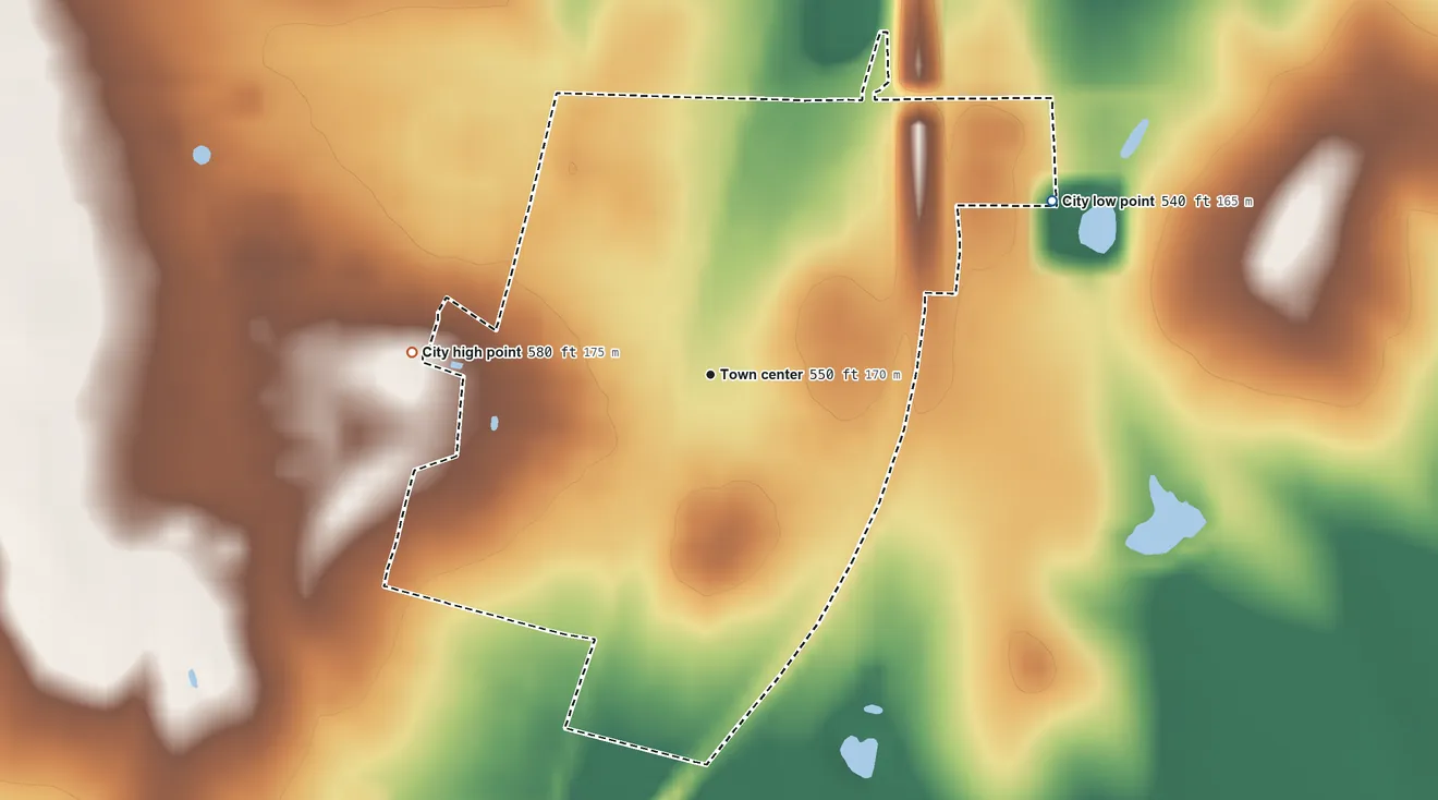 Topographic elevation map of Encinal, Texas, shaded from 540 ft on the northeast side to 580 ft on the west side
