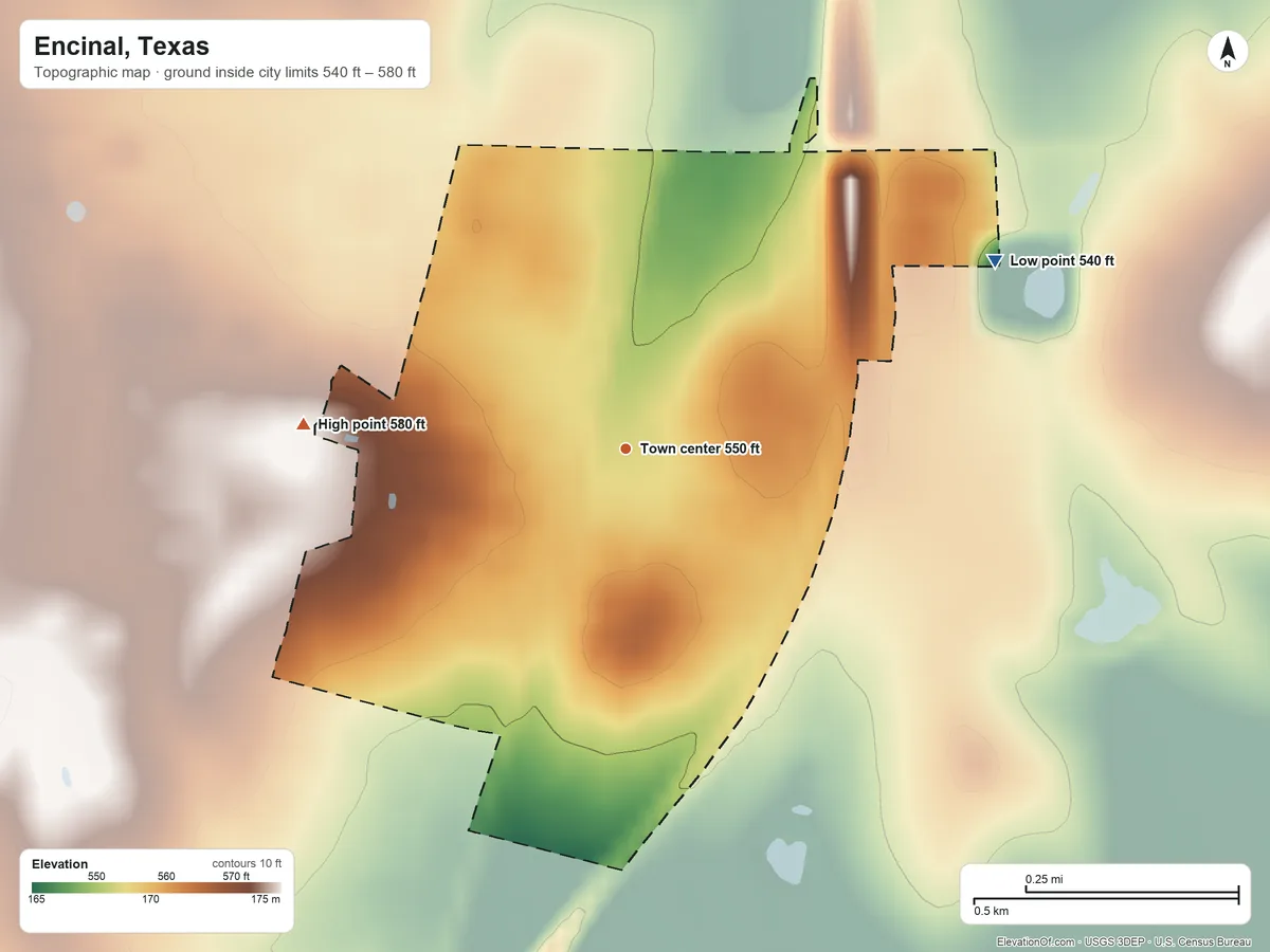 Topographic elevation map of Encinal, Texas, shaded from 540 ft on the northeast side to 580 ft on the west side