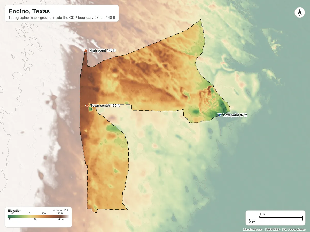 Topographic elevation map of Encino, Texas, shaded from 97 ft on the east side to 140 ft on the north side
